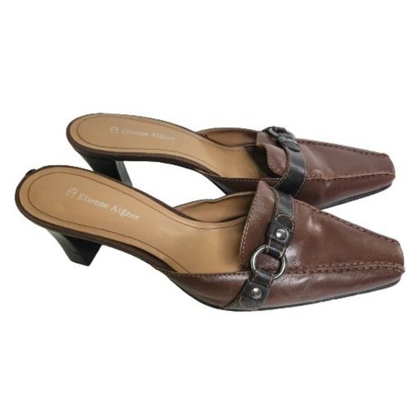 Etienne Aigner Vintage Brown Buckle Mules Size 8M - Picture 1 of 7